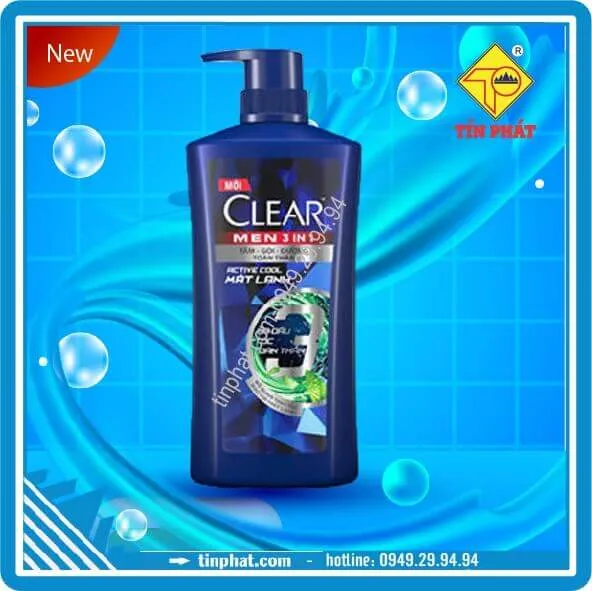 Dầu Tắm Gội Clear Men 3 Trong 1 Active Cool Mát Lạnh (630g)